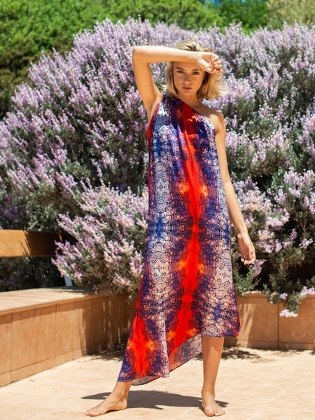 'Skopelos Sunset' Silk Dress One Shoulder